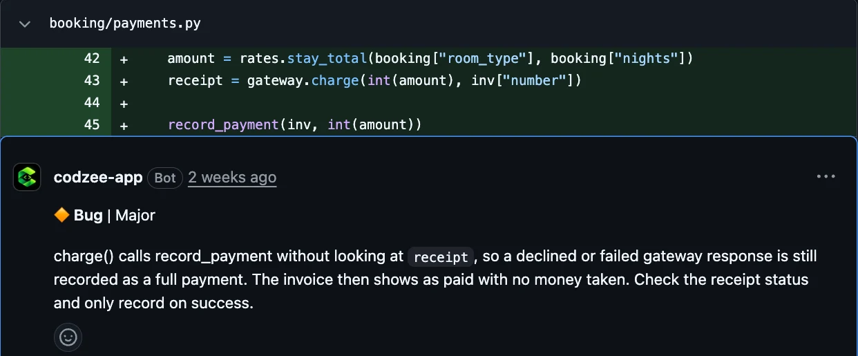 Codzee comment: charge() records a payment without checking the gateway receipt, so a declined card shows as paid