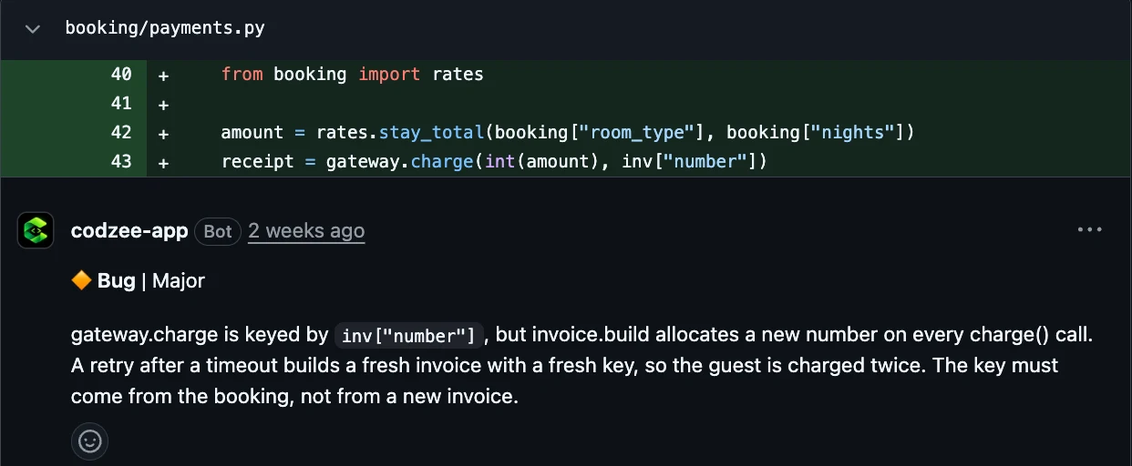 Codzee comment: a retry after a timeout builds a new invoice number, so the guest is charged twice